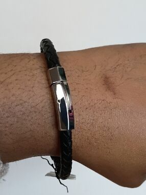 Vitaly Black Braided Leather Bracelet Silver Magnetic Clasp NWT